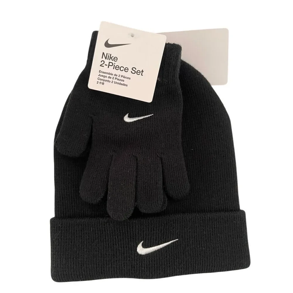 Nike Youth Black Winter 2-Piece Beanie & Gloves Set Brand New Ribbed